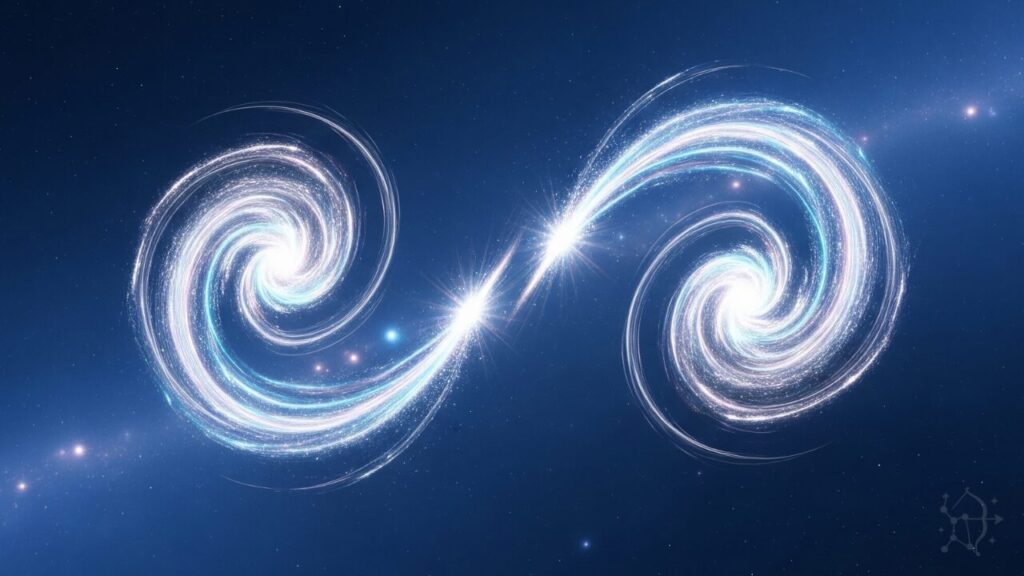 Representación astral de dos almas gemelas de Acuario unidas por hilos de energía luminosa en un cielo estrellado.