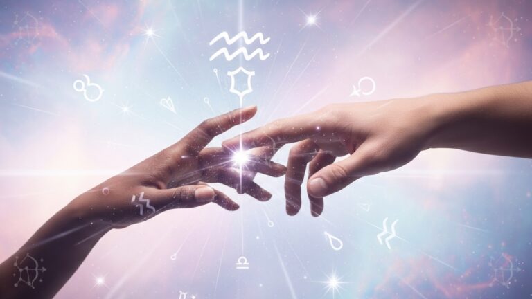 Amistad Acuario manos tocándose, conexión astral libertad.