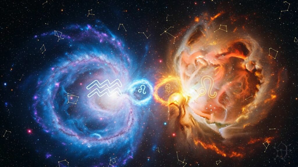 Signo opuesto a Acuario y Leo: Danza cósmica de nebulosas azul y dorada, representando el equilibrio zodiacal en una galaxia.