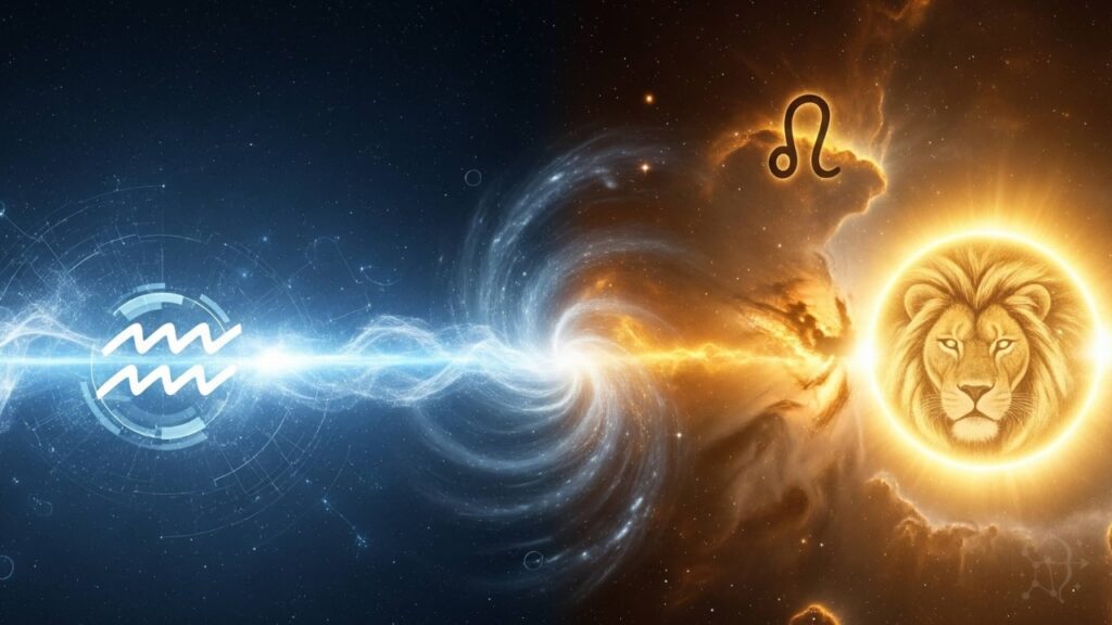 Opuesto de Acuario y Leo: Reinos cósmicos que se fusionan sutilmente, simbolizando su conexión complementaria.