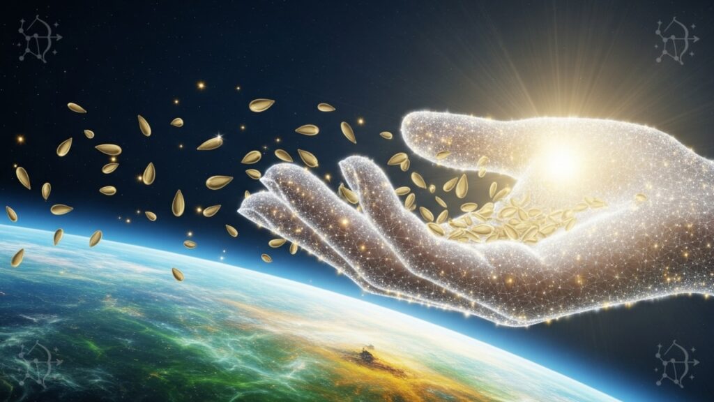 Mano etérea dispersando luz, representando las características positivas de Acuario: humanitarismo.