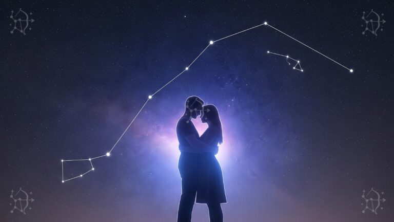 Fidelidad de Aries: siluetas de pareja con aura protectora bajo estrellas y constelación de Aries.