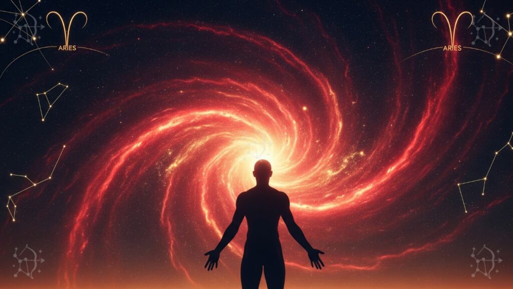 Aries enamorado: silueta de persona absorbiendo energía cósmica de fuego.