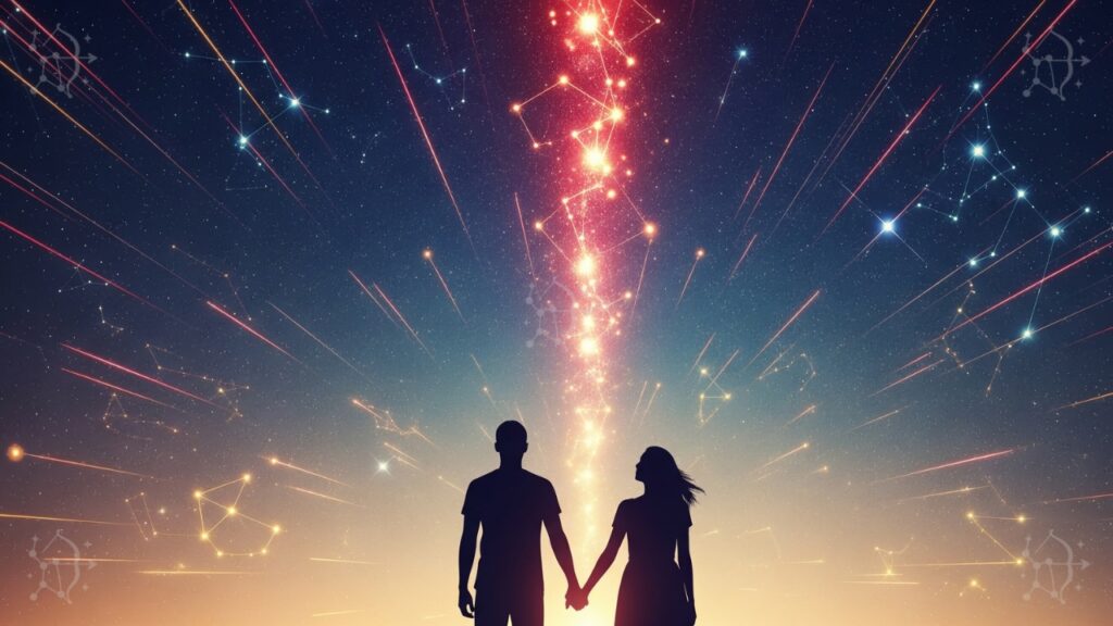 Aries en el amor: siluetas de pareja apasionada con contornos de energía ardiente bajo un cielo estrellado.