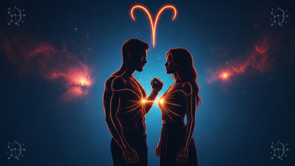 Pareja ideal para Aries: siluetas tomadas de la mano mirando un camino de luz y estrellas en el cielo.