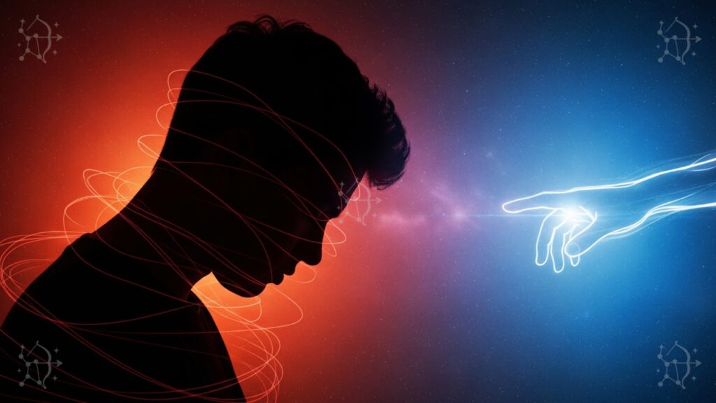 Manejo de celos en Aries: silueta pensativa con energía roja y luz calmante