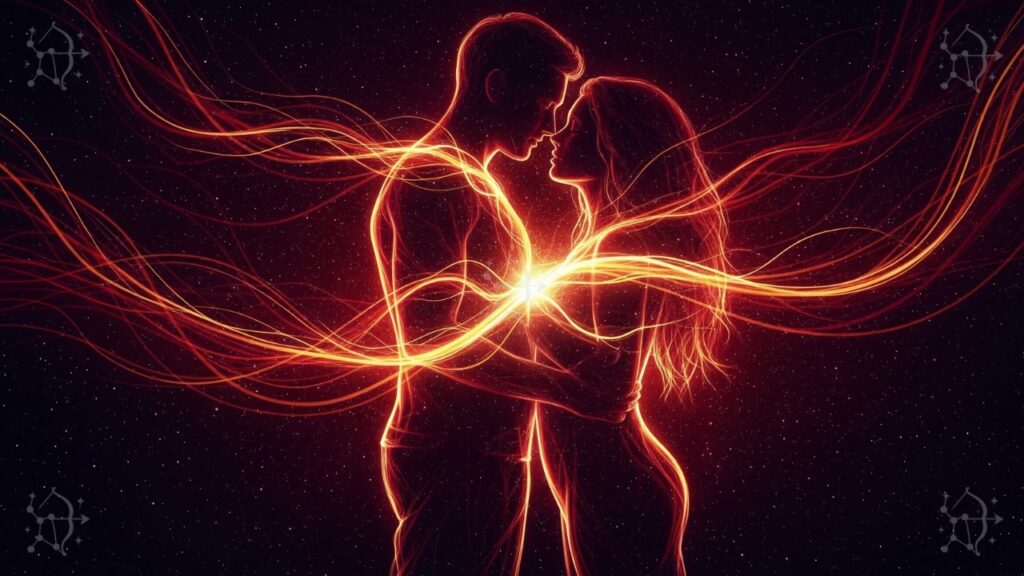 Dos figuras etéreas de Aries conectadas por flujos de luz ardiente, representando su pasión