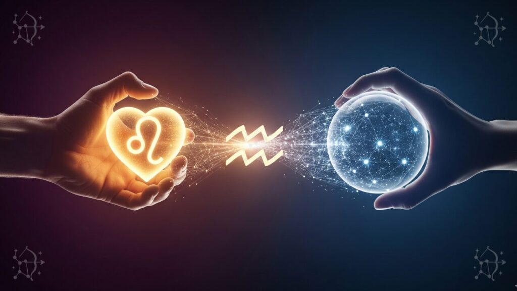 Manos con corazón y esfera futurista, simbolizando a Leo y Acuario.