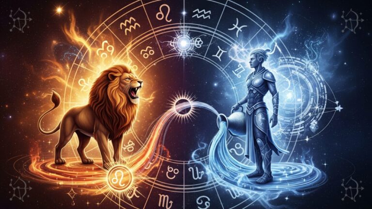 Leon y Acuario frente a frente en rueda zodiacal, energía cósmica.